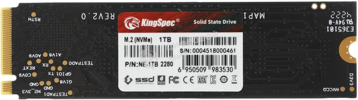 Накопитель SSD KingSpec NE-1Tb, 1Tb, PCIe 3.0 x4, M.2 2280, NVMe, R/W 2400/1900