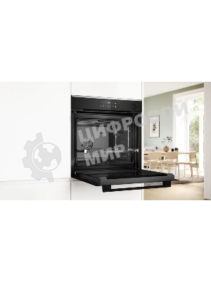 Встраиваемый духовой шкаф Bosch HRG232EB3 Serie 4 с добавлением пара Bosch, Auto Pilot 15, объем 71 л, 8 режимов нагрева, 3D Hotair, Soft move door,телескопические направляющие 1уровень,гидролиз+каталитическая очистка задней стенки,сенсорное управление,черный+профиль из нержавеющей стали