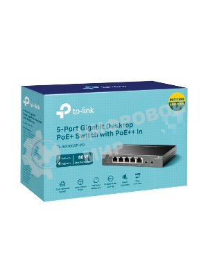 Коммутатор настольный TP-Link TL-SG1005P-PD с 5 гиг. портами (1 порт с входящим PoE++, 4 порта с исходящим PoE+), бюджет PoE: 9, 21, 47 или 66 Вт (зависит от используемого стандарта входящего PoE)