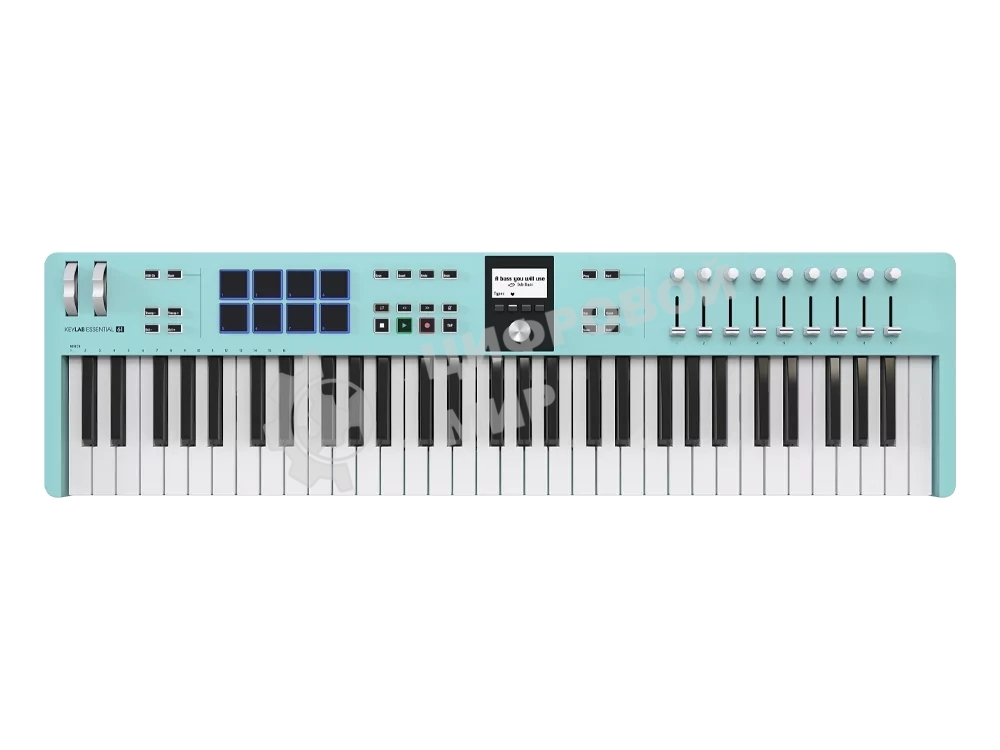 Клавиатура MIDI 231534 Arturia KeyLab Essential 61 mk3 Aquamarine 61 клавиша, LCD дисплей, 9 энкодеров, 8 пэдов, 9 фейдеров, 12 кнопок управления, колеса высоты тона и модуляции, 1/4
