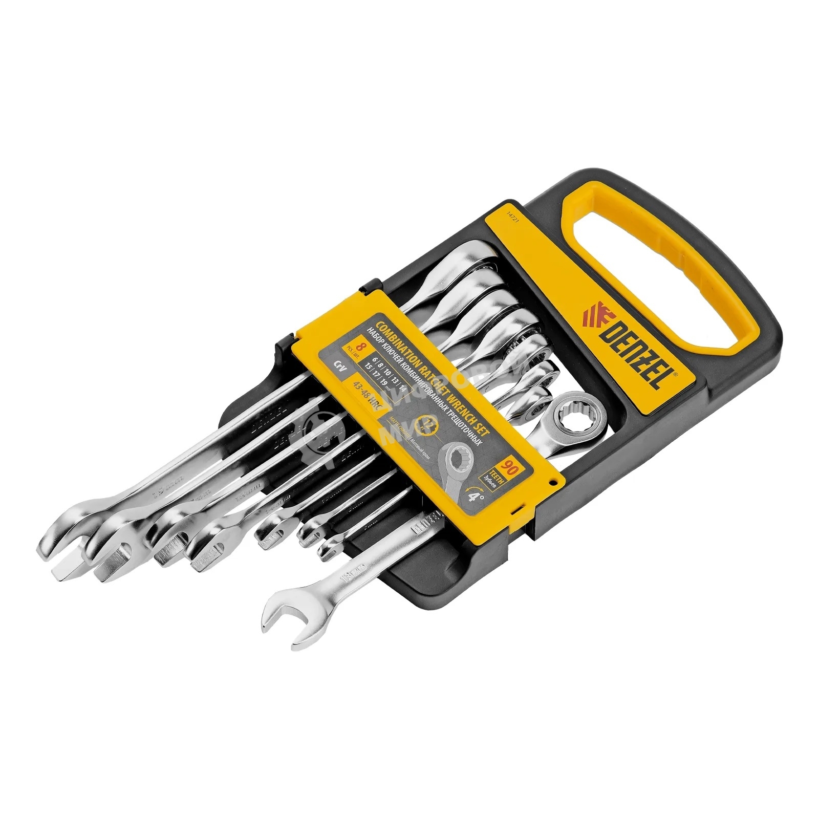 Набор ключей комбинированных трещоточных Denzel 6-19 мм, 8 шт., CrV, матовый хром