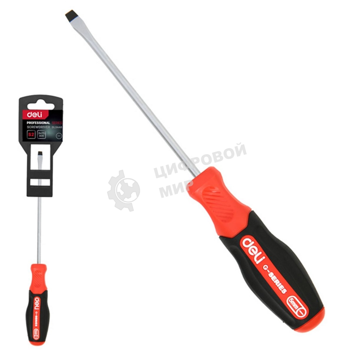 Отвертка шлицевая Deli DL3440 SL3x75мм сталь S2, матовый стержень, двухкомпонентная прорезиненная рукоять