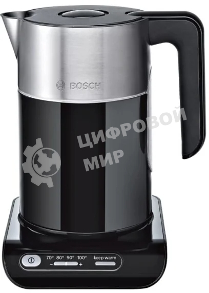 Электрочайник Bosch TWK8613P черный, 1.5 л, 2400 Вт, скрытый нагревательный элемент, поддержание температуры