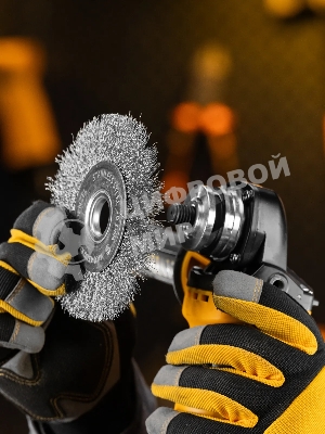 Щетка для УШМ Denzel 125 мм, плоская, витая нержавеющая проволока 0,3 мм, посадка 22,2 мм