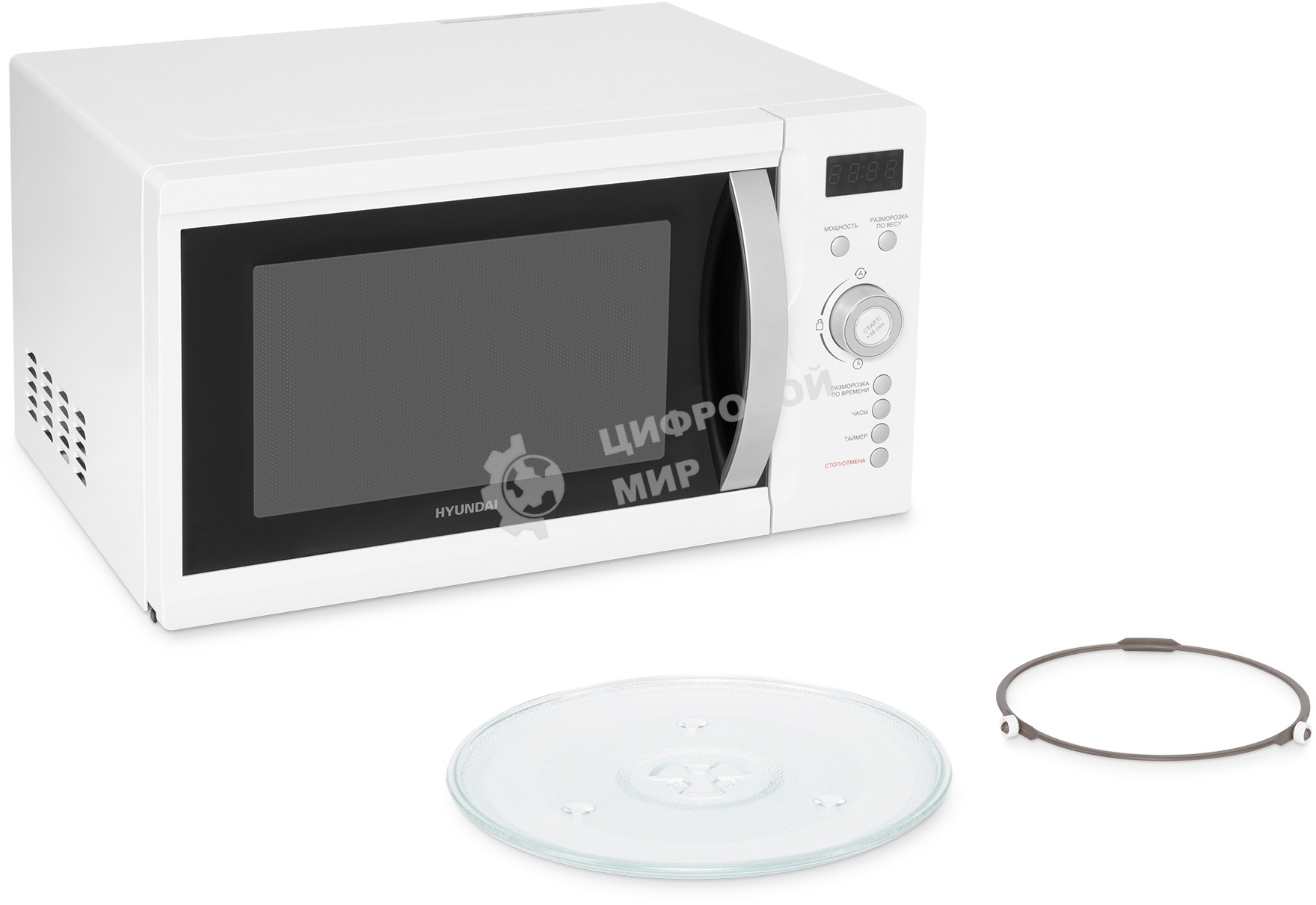 Микроволновая печь Hyundai HYM-D3007 белый/черный, 23 л, 800 Вт, переключатели - кнопки, электронный поворотный механизм