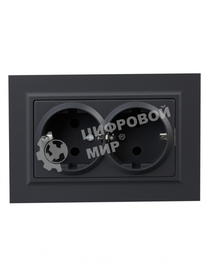 Розетка 2-местная IEK BRITE РС12-3-БрГ с заземлением, без защитных шторок, 16А в сборе, графит