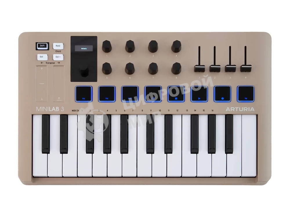 Клавиатура MIDI 231508 Arturia MiniLAB 3 Champagne 25 клавиш, 8 энкодеров, 8 RGb пэдов, 8 фейдеров, дисплей, сенсорные регуляторы Pitch/Modulation, MIDI-выход, 1/4