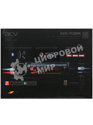 Автомагнитола ACV AVS-912BM, 1 DIN, Bluetooth, USB Type-A, AUX