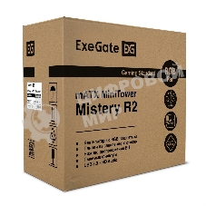 Компьютерный корпус Minitower ExeGate Mistery R2-NPX450 (mATX, БП 450NPX с вент. 12 см, 2*USB+1*USB 3.0, аудио, черный, 1 вент. 12см с RGb подсветкой и полоса на передней панели, боковая панель - закаленное стекло)
