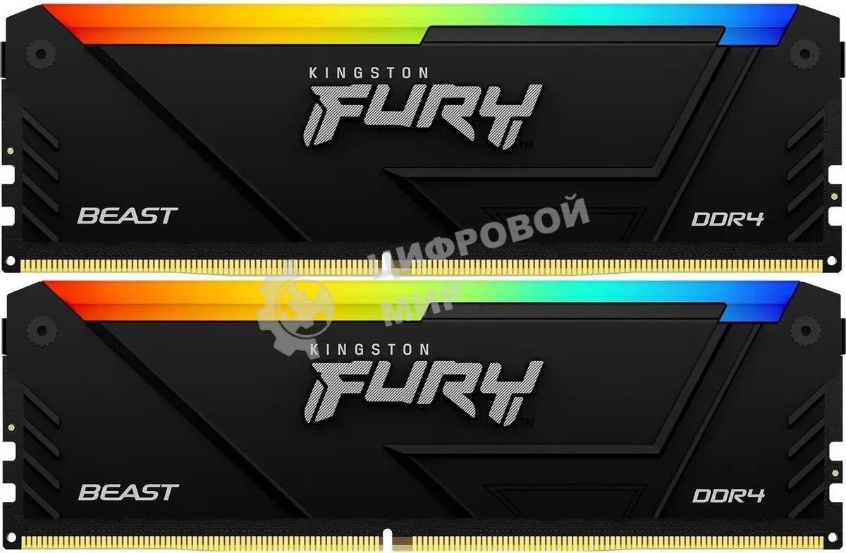 Оперативная память Kingston Fury Beast, DDR4, 64Gb (2x32Gb), 3600MHz, CL18, DIMM, с радиаторами, RGB, черный