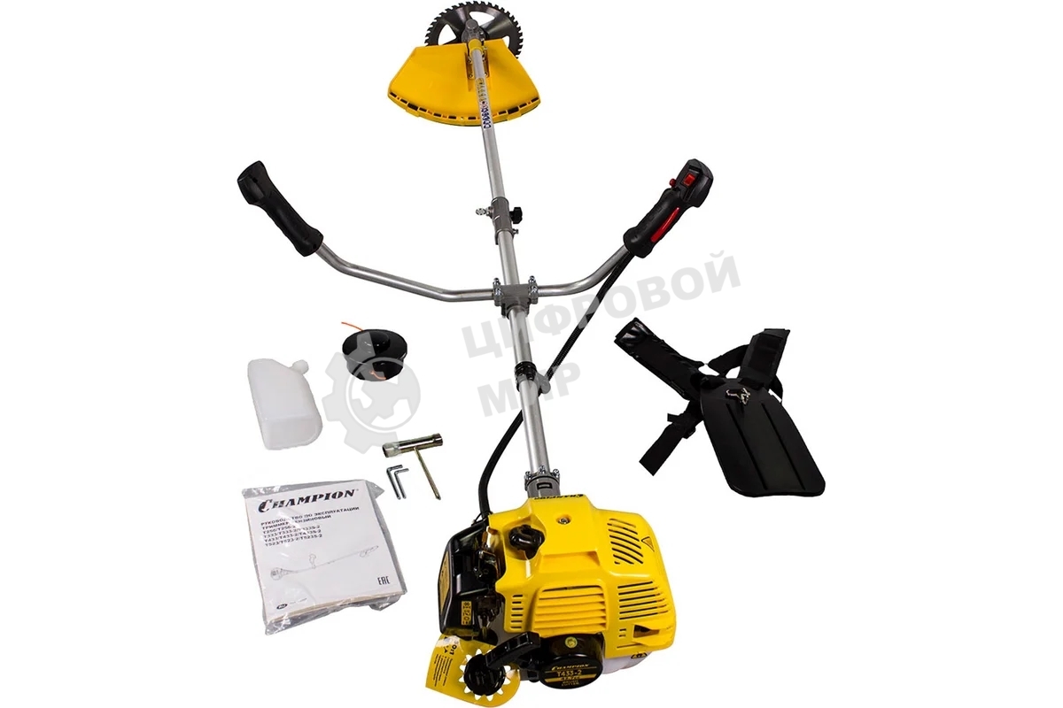 Триммер бензиновый Champion T433-2 переносной 2х тактный двигатель, 43 см³, 1.7 л.с. ширина скашивания: 40 см в комплекте: леска (3 мм), нож, плечевой ремень вес: 8.3 кг бак на 0.95 л прямая штанга уровень шума 102 дБ
