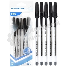 Набор ручек шариковых Deli Think EQ4-MT-BK прозрачный/черный, d=1мм, черные чернила, индивидуальный пакет с европодвесом (5шт) круглая