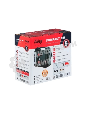 Компрессор FUBAG COMPACT AIR 6412320 ( Ресивер 5 л, Произв-сть 180 л/мин, Давление 10 бар, Мощность 1300 Вт, Напряжение 230/50 В/Гц, Вес 8.4 кг )