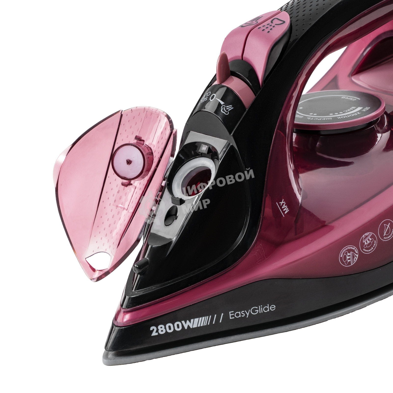 Утюг Galaxy Line GL 6132, розовый с черным, паровой, 2800 Вт, керамическое покрытие EasyGlide, функции: самоочистка, антикапля, антинакипь, указатель максимального уровня воды, индикатор нагрева, вертикальное отпаривание, паровой удар, регулировка подачи 