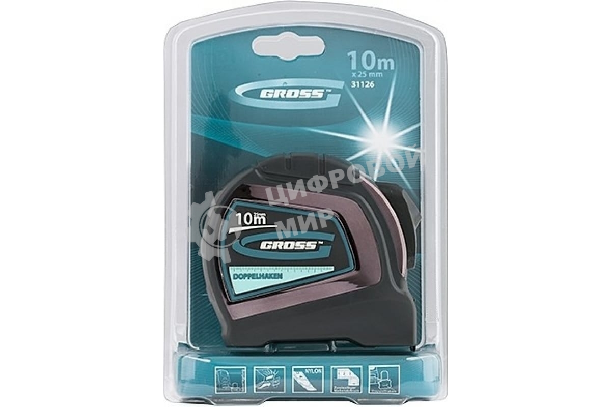 Рулетка Gross 31126''doppelhaken'' 10м x 25мм двухсторонний зацеп нейлон двуст. шкала автоматич