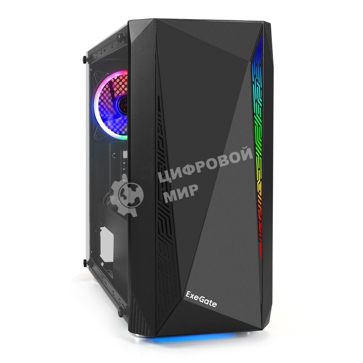 Компьютерный корпус Minitower ExeGate Mistery R2-NPX450 (mATX, БП 450NPX с вент. 12 см, 2*USB+1*USB 3.0, аудио, черный, 1 вент. 12см с RGb подсветкой и полоса на передней панели, боковая панель - закаленное стекло)