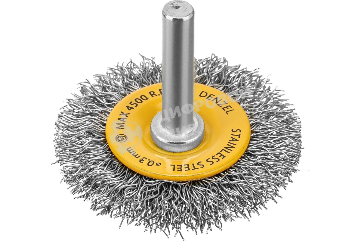 Щетка для дрели Denzel 50 мм, плоская, со шпилькой, нержавеющая витая проволока