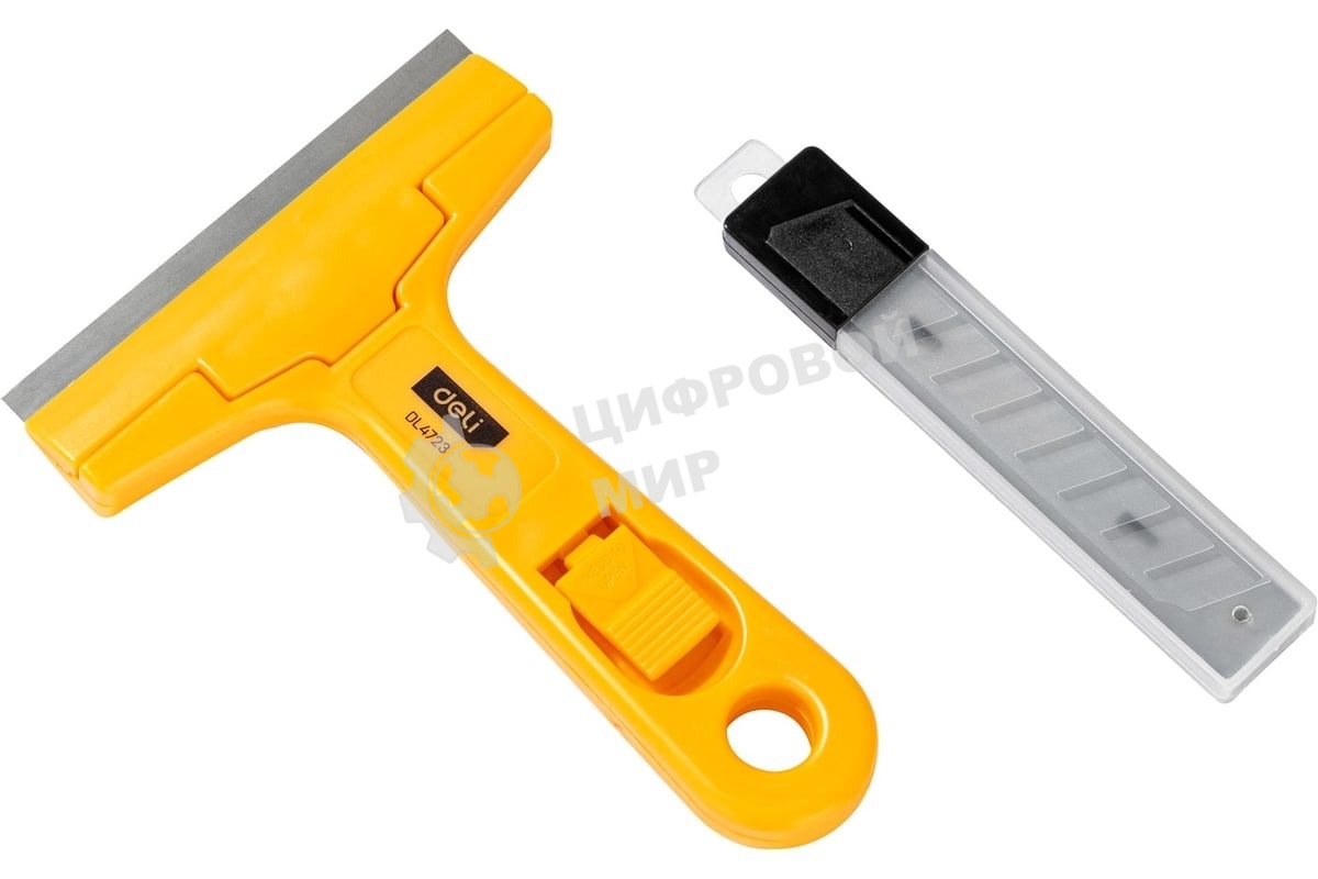 Скребок Deli EDL4723 145мм + 10 лезвий Ширина лезвия: 18 мм. Толщина лезвия: 0,5 мм. Высокопрочный пластик ручки. Лезвие из сплава.