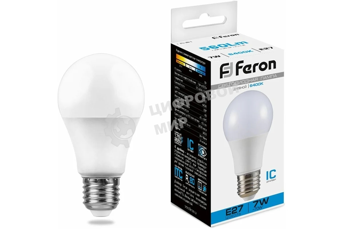 Лампа светодиодная FERON LB-91 (25446) 7W 230V E27 6400K A60