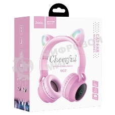Беспроводные/проводные наушники Hoco W27 розовый, накладные, Bluetooth + проводной, «кошачьи ушки», до 5 ч.