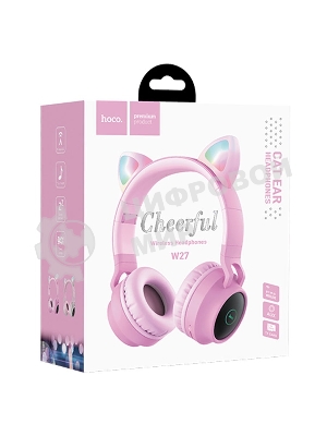 Беспроводные/проводные наушники Hoco W27 розовый, накладные, Bluetooth + проводной, «кошачьи ушки», до 5 ч.