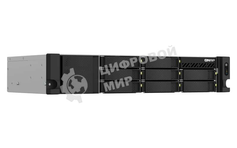 Сетевое хранилище SMB QNAP TS-873AeU-4G NAS 8x3.5/2.5 SATA/SSD trays, 2 x M2 PCIe, 2x 2.5 GbE, 2U rackmount, 1 PSU. AMD Ryzen V1500B 4-core/8-thread 2.2 GHz processor, 4 Gb DDR4 RAM (1*4 Gb) up to 64Gb (2*32 Gb). W/o rail kit RAIL-B02