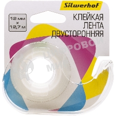 Клейкая лента двухсторонняя Silwerhof прозрачная, ширина 12мм, длина 12.7м полипропилен на диспенсере