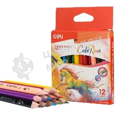 Карандаши цветные Deli EC00400 ColoRun, трехгранный профиль, тополь, 12 цветов, коробка с европодвесом