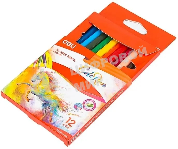 Карандаши цветные Deli EC00400 ColoRun, трехгранный профиль, тополь, 12 цветов, коробка с европодвесом