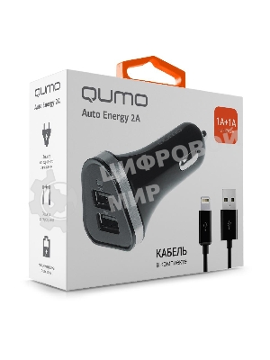 Автомобильное зарядное устройство QUMO 2A, 2 USB, 1A+1A черный, кабель Apple 8 pin в комплекте