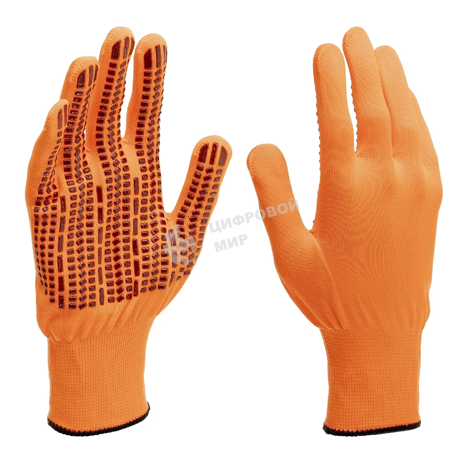Перчатки Сибртех трикотажные, синтетическая нить, ПВХ-гель точка, оранжевый, L, 13 класс