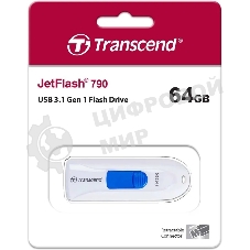 Флешка USB Transcend JetFlash 790 (TS64GJF790W), 64Gb, USB 3.0, R/W 70/25, белый/синий