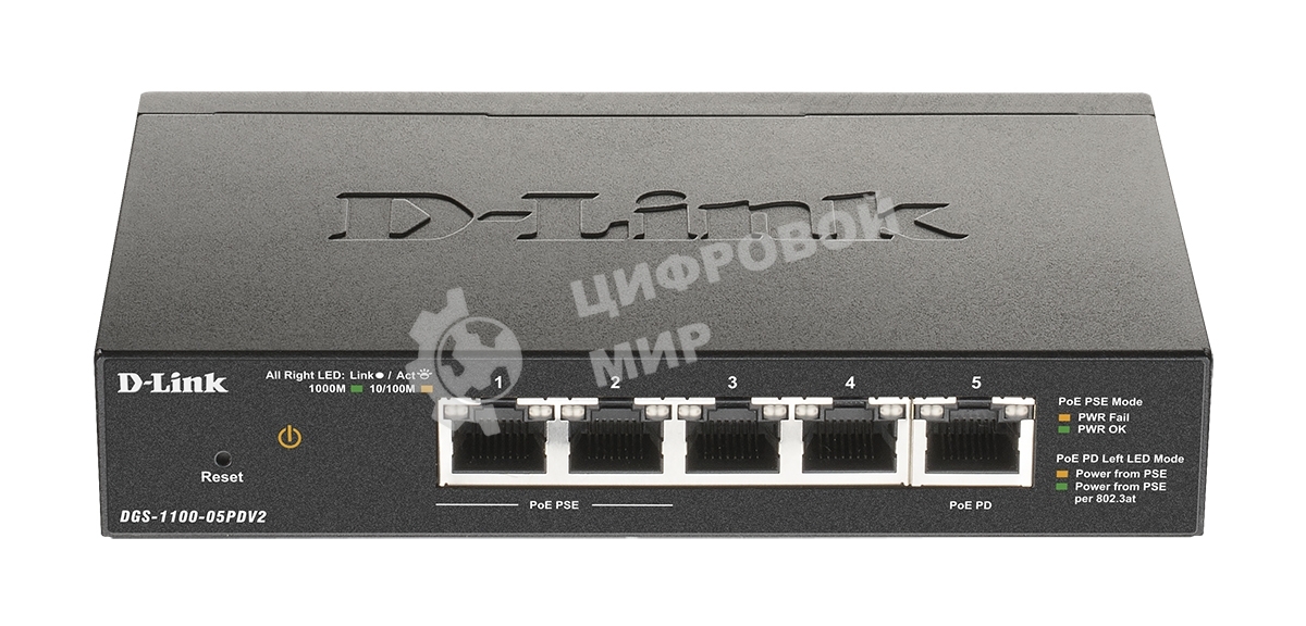 Коммутатор D-Link DGS-1100-05PDV2/A1A, 4×1 Гбит/с + 1×1 Гбит/с PD, настраиваемый