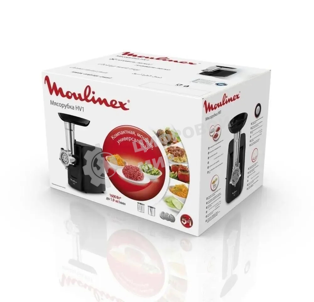 Мясорубка электрическая Moulinex ME112832 черный/серебристый, 1600 Вт, 1.9 кг/мин, реверс, защита от перегрузки, насадки - 5