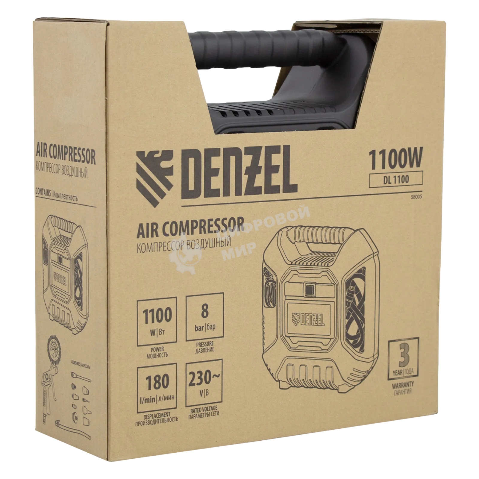 Компрессор воздушный Denzel DL1100 1,1 кВт, 180 л/мин, с набором аксессуаров 58005