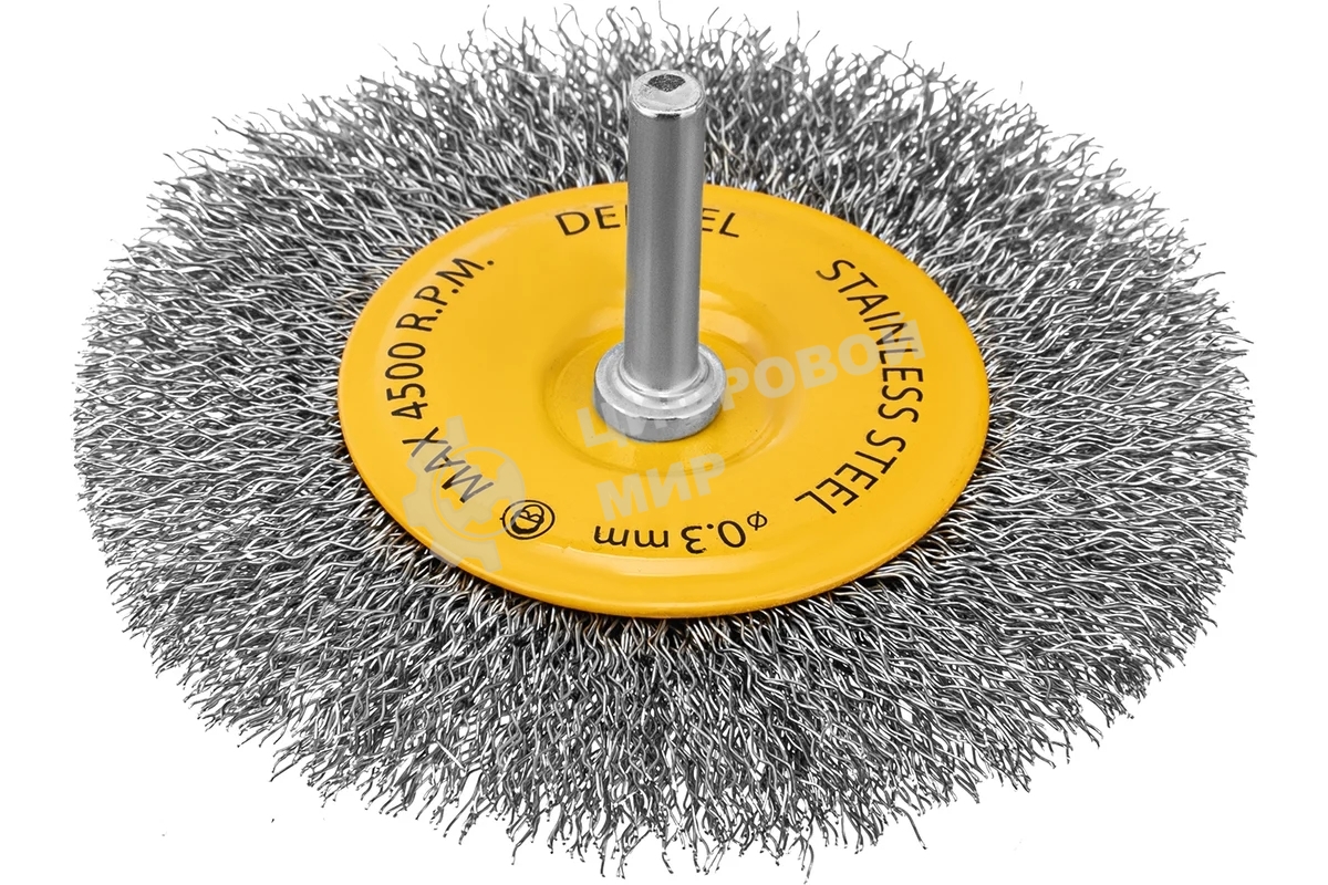 Щетка для дрели Denzel 100 мм, плоская, со шпилькой, нержавеющая витая проволока