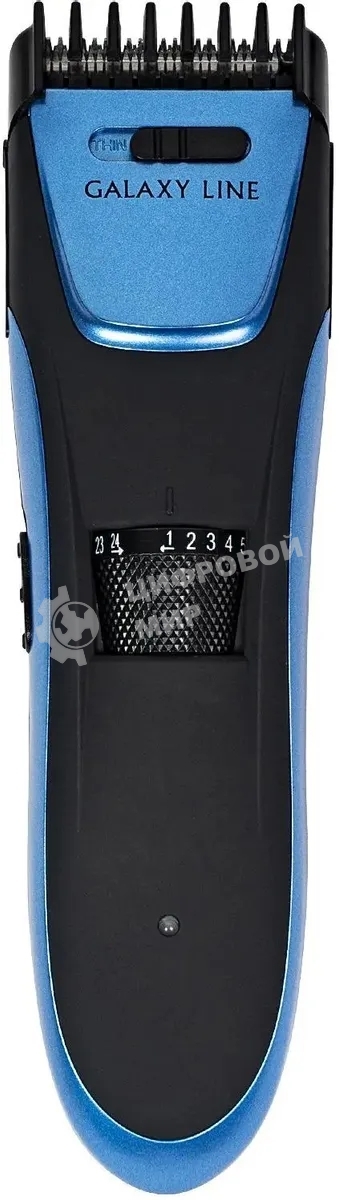 Набор для стрижки Galaxy Line GL 4166, черный с голубым, 3 Вт, время работы до 1,5 ч, аккум. Li-Ion 3,7 В, емк. аккум. 600 мА*ч, лезв. из нерж. стали, ширина лезвия 40 мм, 24 положения насадки-расчески (3,5 - 14,5 мм), филир. гребень, индик. заряда аккум.