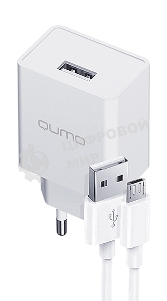 Сетевое зарядное устройство Qumo Energy light 10Вт, (модель 0103), порт: USB-A, + кабель PVC 1м. USB-A на MicroUSB, белый