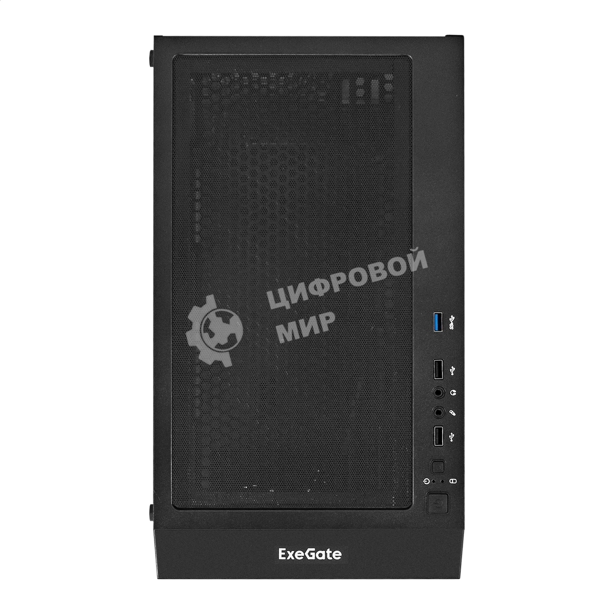 Компьютерный корпус Miditower ExeGate EVO-5001A (ATX, без БП, 2хUSB+1хUSB 3.0+HD Audio, черный, 3 вент.12см с RGb подсветкой, боковая панель - закаленное стекло)