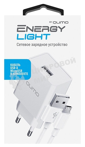 Сетевое зарядное устройство Qumo Energy light 10Вт, (модель 0103), порт: USB-A, + кабель PVC 1м. USB-A на MicroUSB, белый