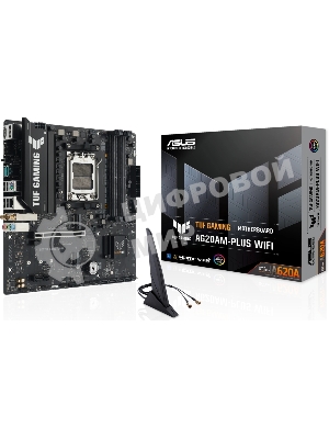 Материнская плата ASUS TUF GAMING A620M-A PLUS WIFI, AM5, AMD A620A, 4xDDR5, 4xSATA, 2xM.2, 1xPCIe 4.0 x16, 1xPCIe 3.0 x1, 1xHDMI, 2xDP, 1x2.5Gb LAN, Wi-Fi 6, Bluetooth 5.3, 2xUSB-A 10Gbps, 4xUSB-A 2.0, 3x3.5 мм, 7.1, mATX