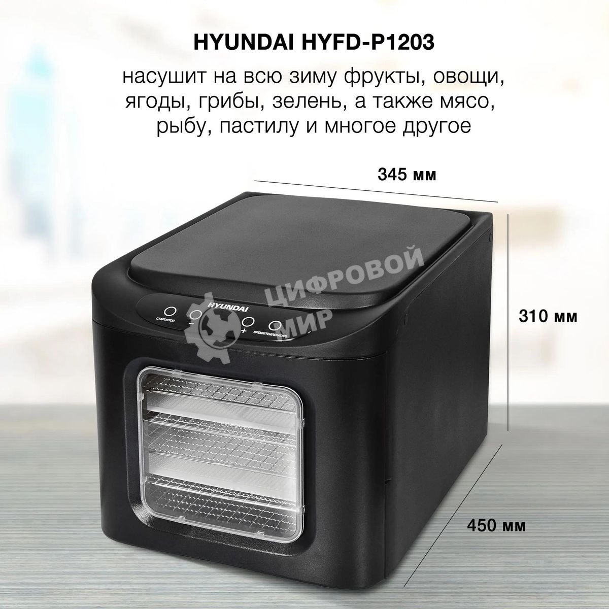 Сушка для фруктов и овощей Hyundai HYFD-P1203 12под. 500 Вт, черный