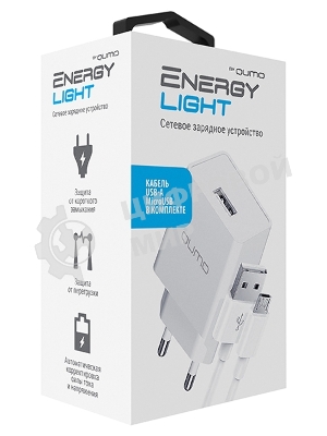 Сетевое зарядное устройство Qumo Energy light 10Вт, (модель 0103), порт: USB-A, + кабель PVC 1м. USB-A на MicroUSB, белый