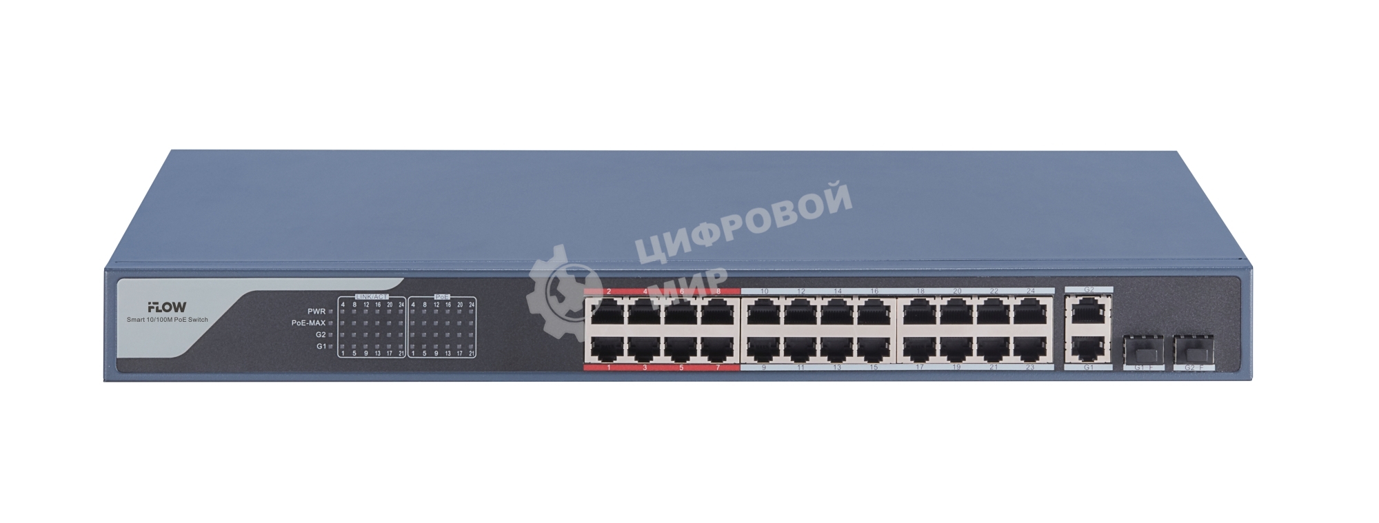 Коммутатор iFLOW F-SW-EM426POE-VM, 24×100 Мбит/с PoE + 2×1 Гбит/с Комбо (RJ45/SFP), настраиваемый