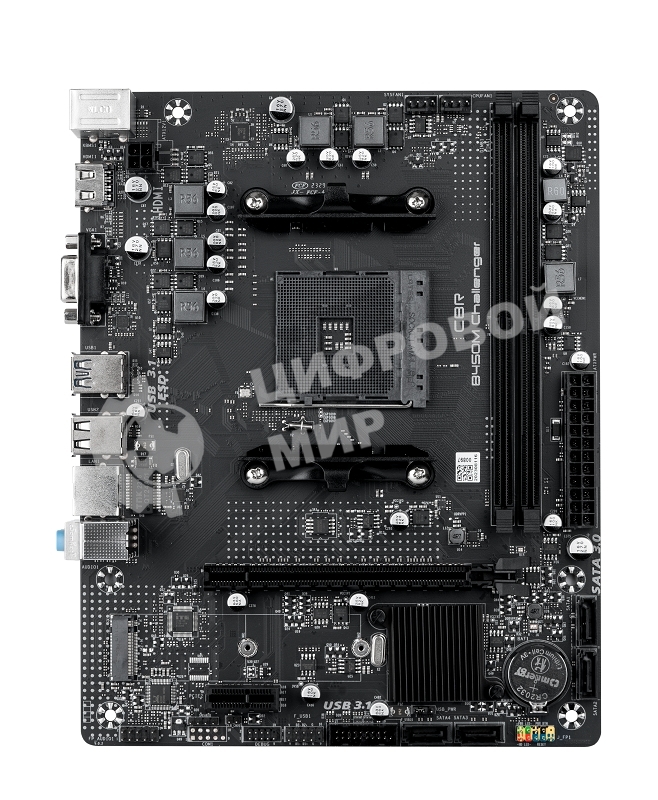 Материнская плата CBR B450M Challenger, AM4, AMD B450, 2xDDR4, 4xSATA, 1xM.2, 1xPCIe 3.0 x16, 1xPCIe x1, 1xHDMI, 1xVGA, 1x1Gb LAN, 2xUSB 2.0, 2xUSB 3.2 Gen 1, 3x3.5 мм, 7.1, mATX