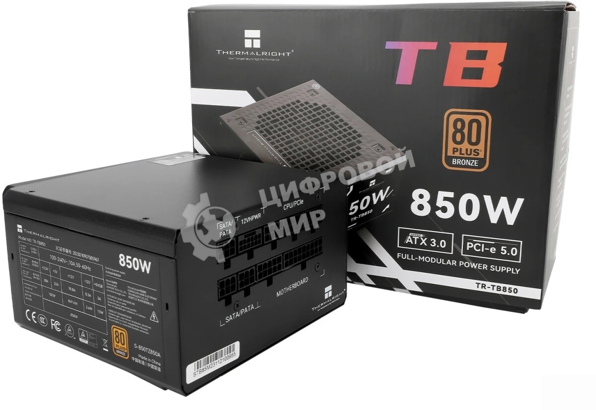 Блок питания Thermalright, 850W 80+ Bronze (ATX, 3.0, PCIe 5.0, Full modular, 1x24(20+4)pin, 2xCPU 8(4+4)pin, 4xPCIe*2 8(6+2)pin, 3xSATA3, 1x12+4pin (12VHPWR PCIe 5.0 12+4pin 600mm), 3xMOLEX4pin, Active, 120x120мм, 150x140x86mm, APFC, black)