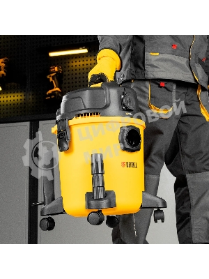 Строительный пылесос Denzel RVC20 желтый, 1400 Вт, уборка сухая/сбор воды/выдув, пылесборник мешок/контейнер, 20 л