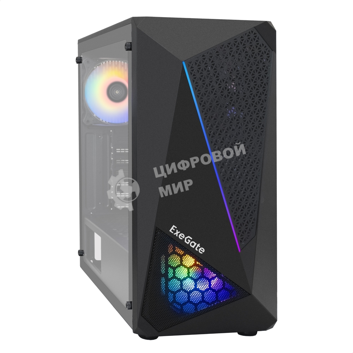 Компьютерный корпус Miditower ExeGate EVO-8225-NPX600 (ATX, БП 600NPX с вент. 12см, 2хUSB+1хUSB 3.0, черный, 2 вент. с RGb подсветкой и полоса на передней панели, боковая панель - закаленное стекло)