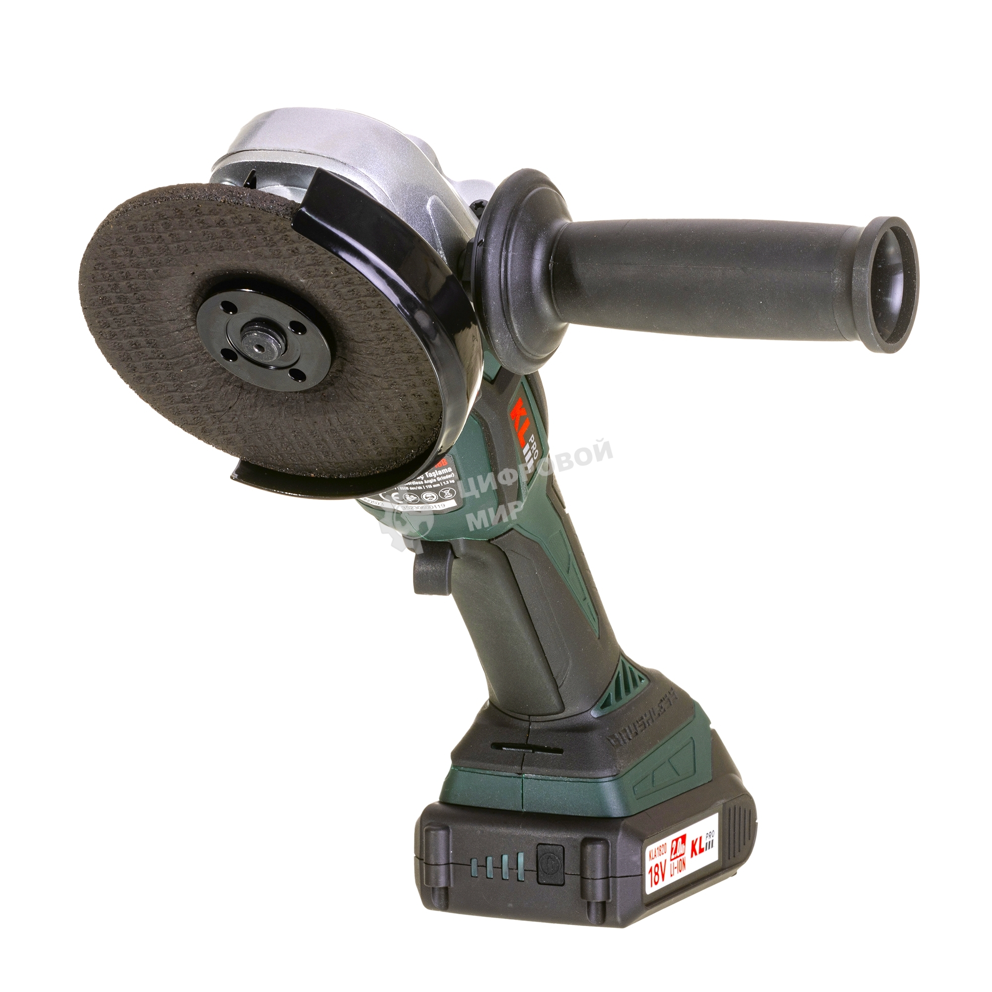 Угловая шлифовальная машина бесщеточная (болгарка) аккумуляторная KLPRO KLAT18B-20 (18В, Li-ion-2шт, 2.0Ач, 115мм, М14, 8500 об/мин З/У,сумка)