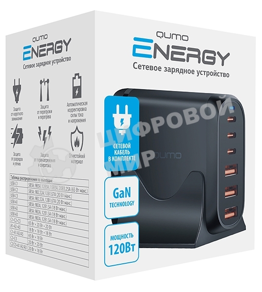 Сетевое зарядное устройство Qumo Energy Charger GaN PD 120 Вт, 3 USB-A + 3 USB Type-C,(0120), черный